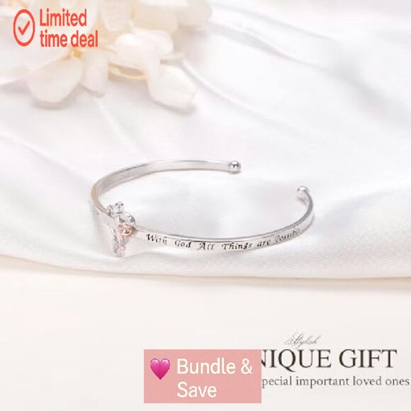 Sterling Silver Cross Cuff Bracelet Faith Over Fear Christian Jewelry - Picture 7 of 8